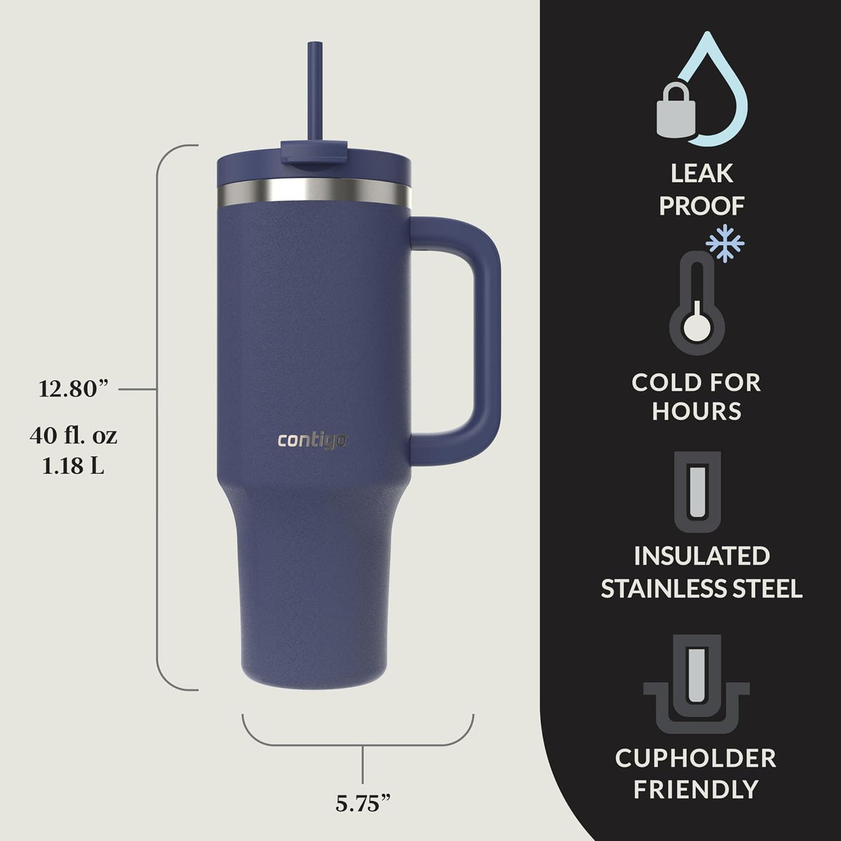 Contigo Streeterville - Vaso de acero inoxidable, 1.1 Litros, con popote, a prueba de fugas, frío durante 29 horas, color Índigo, 2204453