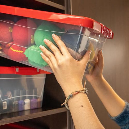 Guateplast Contenedor de Almacenamiento 13 Qt 12 L Rojo | Juego de 3, tapas de colores, transparente, polipropileno virgen, apilable