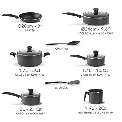 T-FAL Bateria de Cocina de 13 piezas Family Cook Gris con antiadherente Resist Plus 100 seguro para tu salud. Todo lo que necesitas para tu cocina. Tecnología Thermo-Señal, B479SD84.