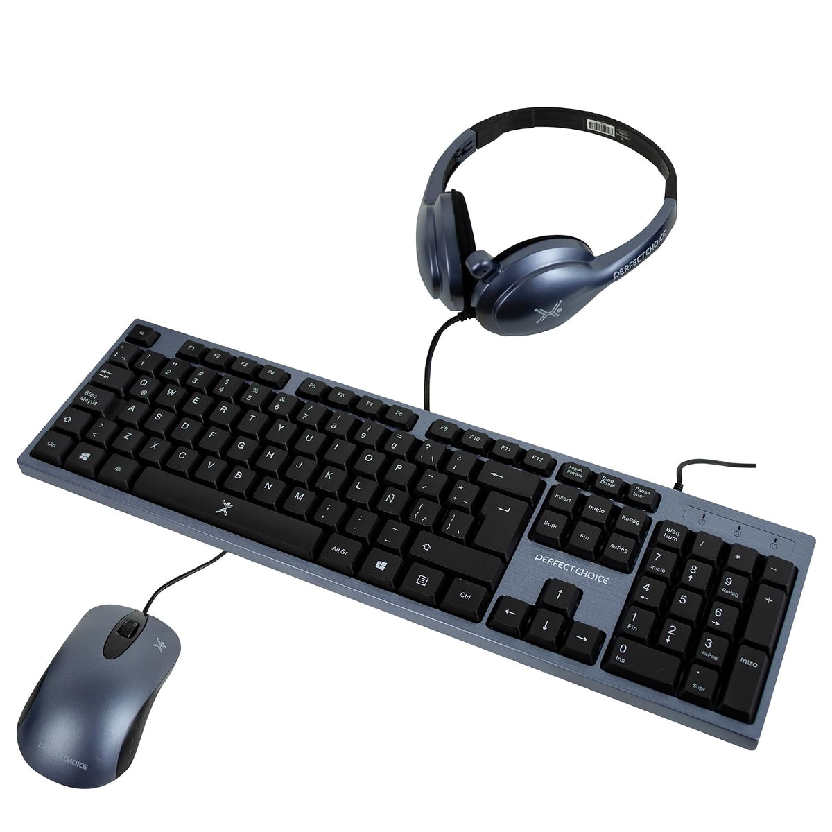 Perfect Choice Kit de Auriculares, Teclado y Mouse con Cable Kit 3 en 1 - Teclado inalámbrico de Membrana - Auriculares ergonómicos con micrófono omnidireccional - Mouse USB(Azul)