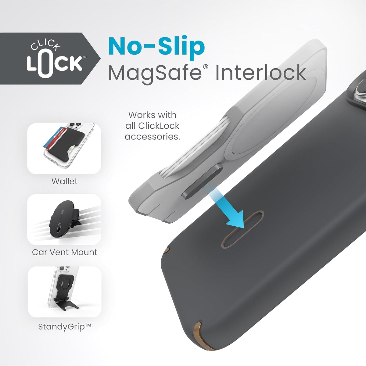 Speck Funda para iPhone 15 Pro MAX, ClickLock - Enclavamiento Antideslizante, construida para MagSafe, protección contra caídas, Resistente a los arañazos, Tacto Suave, Funda para teléfono de 6.7