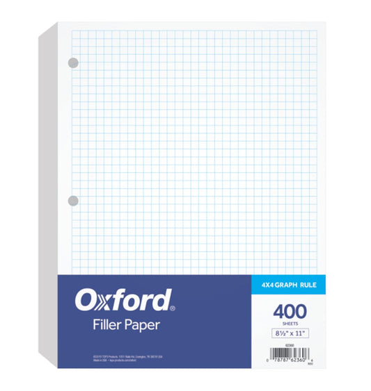 Oxford - Papel de relleno, 8-1/2 x 11 pulgadas, regla gráfica de 4 x 4, 3 agujeros perforados, papel de hojas sueltas para carpetas de 3 anillas, 400 hojas por paquete (62360), color blanco