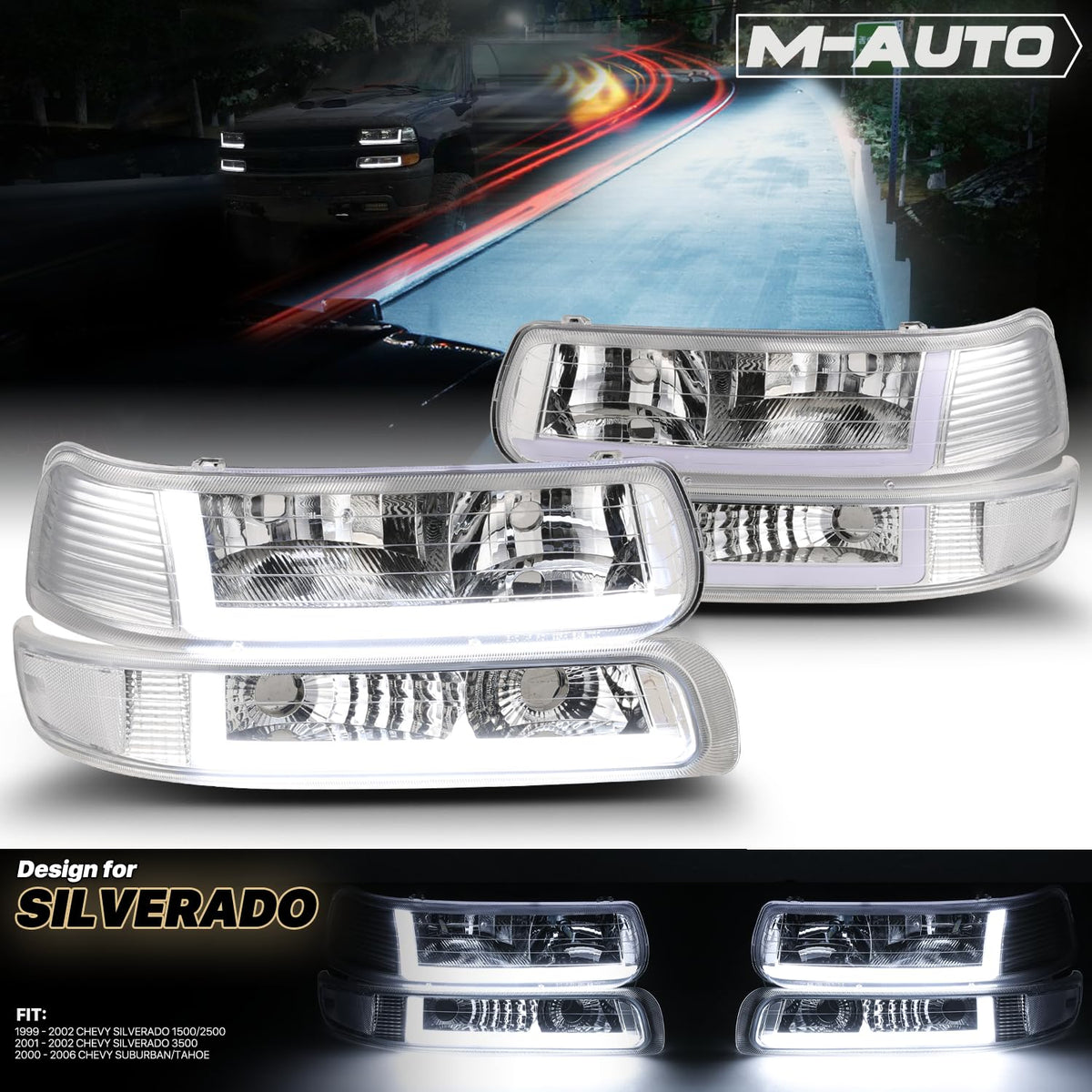 M-Auto Juego de 4 Faros Delanteros con Tira LED DRL Compatible con 99 00 01 02 Chevy Silverado 1500HD 2500HD 3500HD, 00-06 Suburban 1500 2500 Tahoe