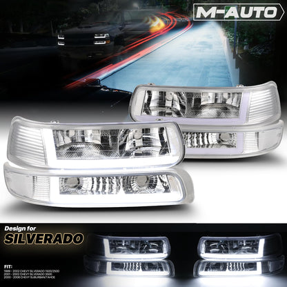 M-Auto Juego de 4 Faros Delanteros con Tira LED DRL Compatible con 99 00 01 02 Chevy Silverado 1500HD 2500HD 3500HD, 00-06 Suburban 1500 2500 Tahoe