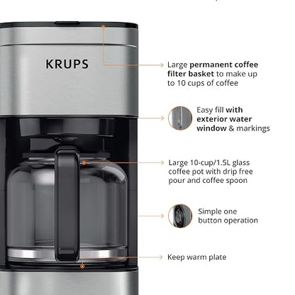 KRUPS Cafetera de Filtro Permanente Simply Brew Family Inoxidable, capacidad para preparar 10 tazas de café, incluye filtro permanente y cuchara dosificadora, 900 W, KM203D50
