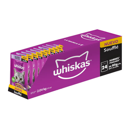 Whiskas - Sobres para Gato Adulto, 24 Piezas, con Sabor a Salmón y Pescado, 85 gr, Fibras, Vitaminas y Taurina