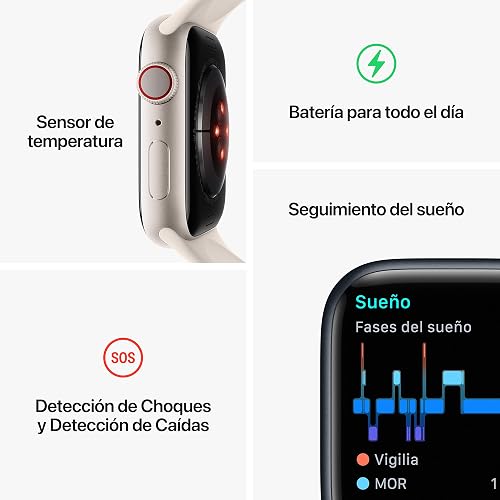 Apple Watch Series 8 (GPS + Cellular) Smartwatch con Caja de Acero Inoxidable Color Plata de 41 mm y Correa Deportiva Blanca. Apps ECG y Oxígeno en Sangre, Resistente al Agua