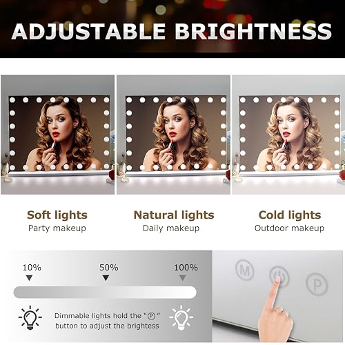 Despful - Espejo de Maquillaje con Luces de 80 x 59 cm, 10 Espejos Grandes con iluminación de Hollywood con 24 Bombillas LED Regulables, 3 Modos de Color, Control táctil para recámara, Mesa o Pared,
