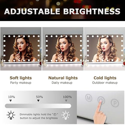 Despful - Espejo de Maquillaje con Luces de 80 x 59 cm, 10 Espejos Grandes con iluminación de Hollywood con 24 Bombillas LED Regulables, 3 Modos de Color, Control táctil para recámara, Mesa o Pared,