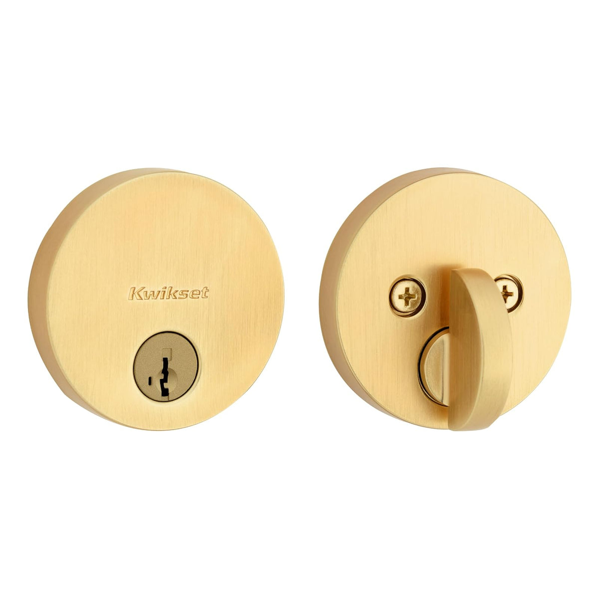 Kwikset Uptown - Cerradura de cerrojo de latón satinado, puerta de entrada frontal con llave, resistente a la selección, seguridad SmartKey Rekey, tornillo muerto de un solo cilindro, con protección
