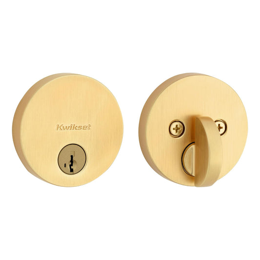 Kwikset Uptown - Cerradura de cerrojo de latón satinado, puerta de entrada frontal con llave, resistente a la selección, seguridad SmartKey Rekey, tornillo muerto de un solo cilindro, con protección