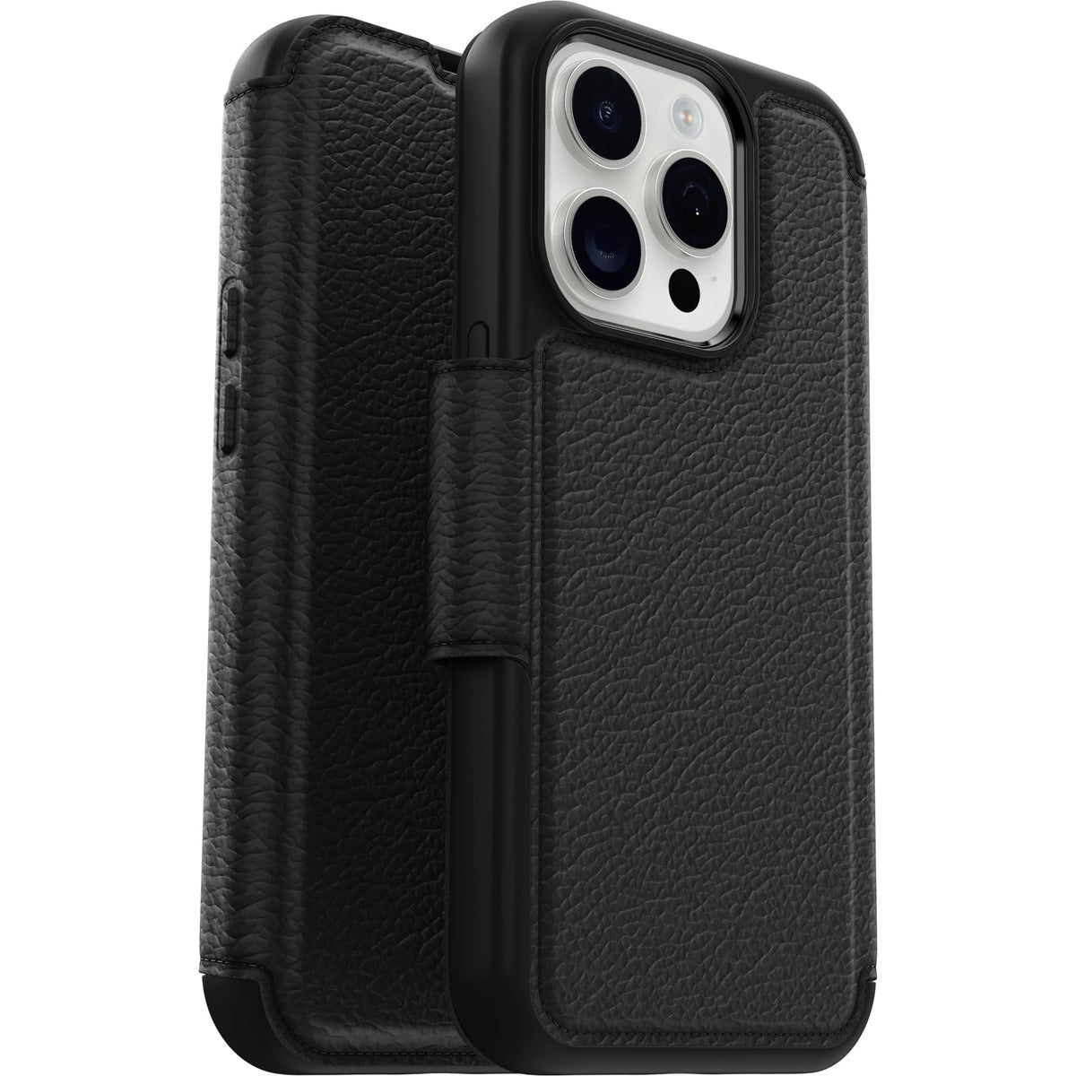 OtterBox - Funda Tipo portafolios para iPhone 15 Pro (Solo en inglés) Strada - Shadow (Negro), Soporte para Tarjetas, se Ajusta a MagSafe, Piel auténtica, fácil de Usar, Funda Tipo Folio