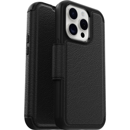 OtterBox - Funda Tipo portafolios para iPhone 15 Pro (Solo en inglés) Strada - Shadow (Negro), Soporte para Tarjetas, se Ajusta a MagSafe, Piel auténtica, fácil de Usar, Funda Tipo Folio