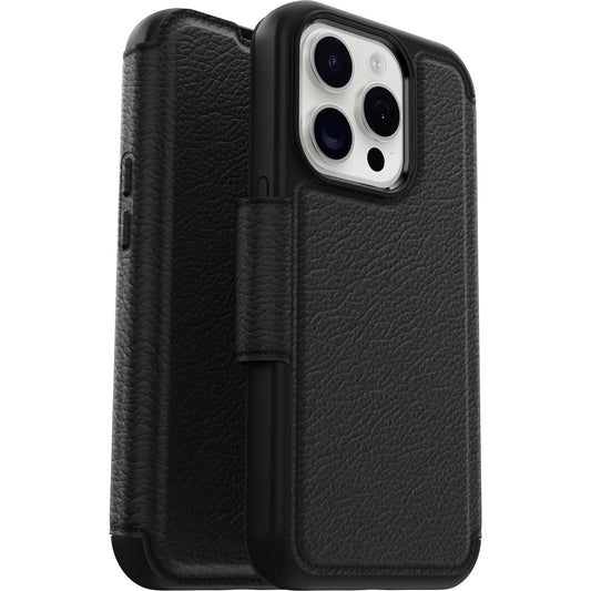 OtterBox - Funda Tipo portafolios para iPhone 15 Pro (Solo en inglés) Strada - Shadow (Negro), Soporte para Tarjetas, se Ajusta a MagSafe, Piel auténtica, fácil de Usar, Funda Tipo Folio
