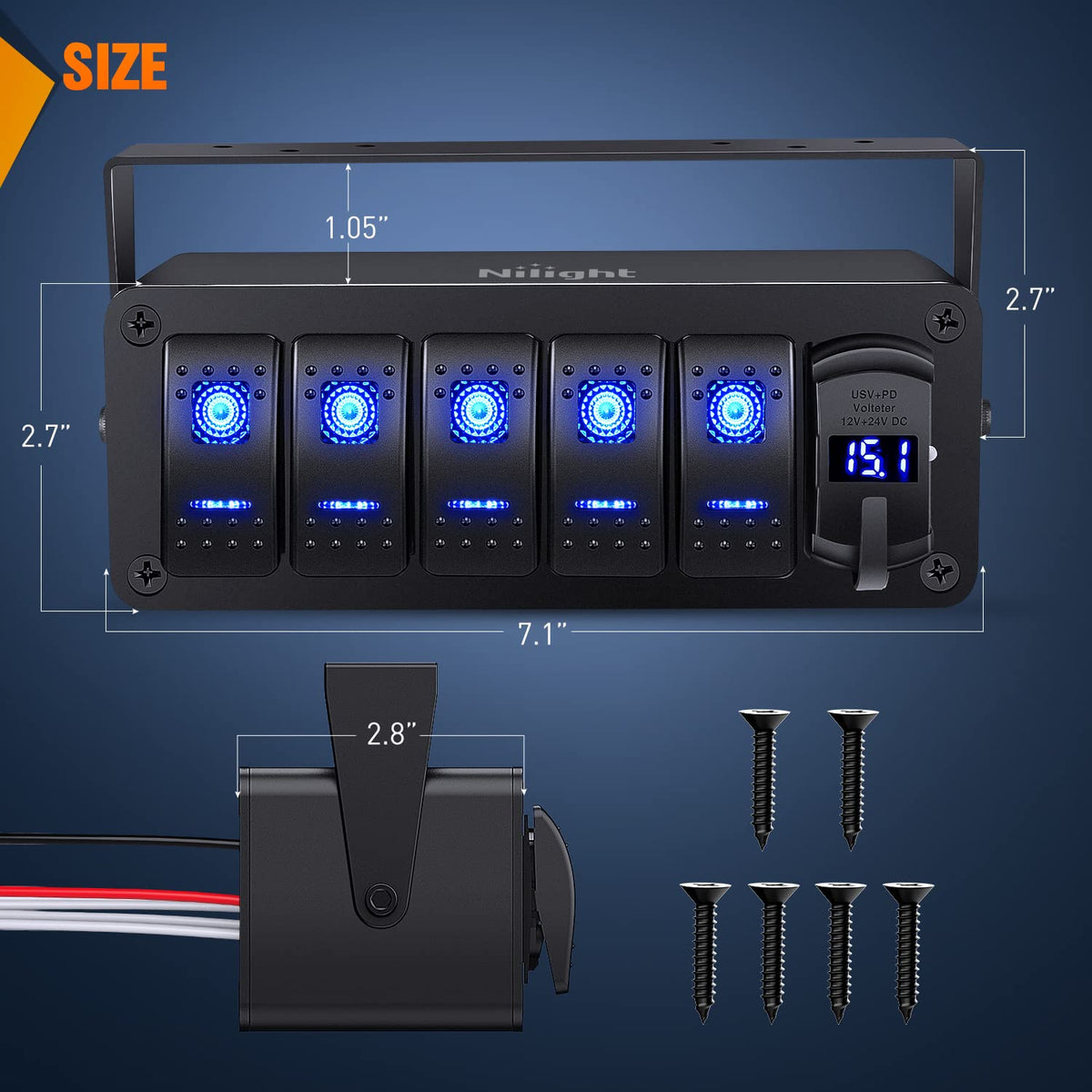 Nilight 90314B-F Caja de 5 Interruptores Basculantes SPST 12 V con Puerto USB Tipo C, QC 3.0 y Voltímetro, Impermeable, para Auto y Camión