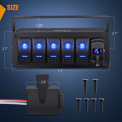Nilight 90314B-F Caja de 5 Interruptores Basculantes SPST 12 V con Puerto USB Tipo C, QC 3.0 y Voltímetro, Impermeable, para Auto y Camión