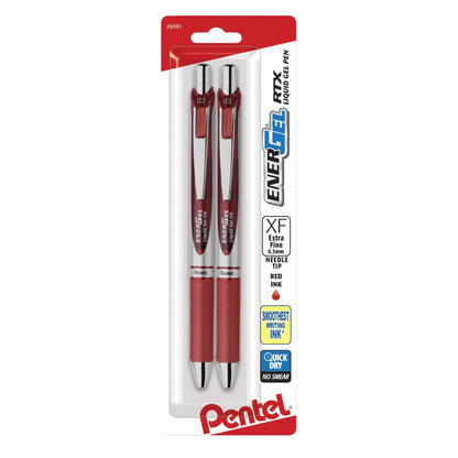 Pentel EnerGel RTX Bolígrafos Retráctiles de Tinta Líquida de Gel - Aguja de 0.3mm - 2 Unidad (Paquete de 1) - Rojo