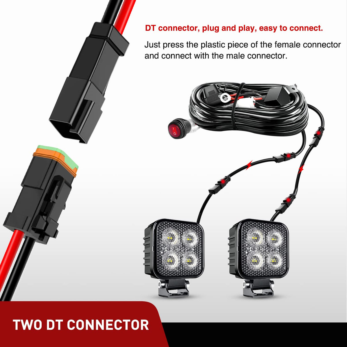 Nilight 10058W Kit de Extensión de Arneés de Cableado 16 AWG de 10 Pies, Conector DT de 2 Pines, para Barra de Luz LED Todoterreno, Paquete de 2