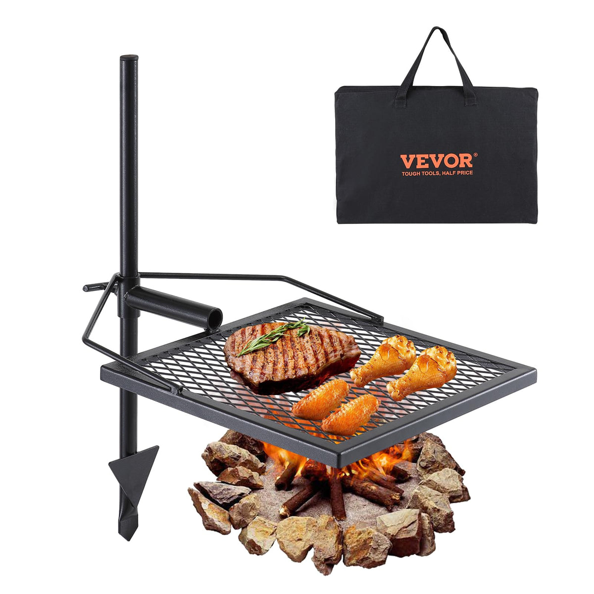 VEVOR Parrilla giratoria para fogatas, parrilla para fogones sobre fogones, rejillas de acero resistentes, equipo de cocina al aire libre con fuego abierto ajustable de 360° - 16*16 inch