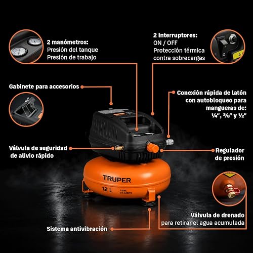 Truper COMP-12S, Compresor libre de aceite compacto 12L, 1 HP 127 V