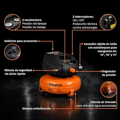 Truper COMP-12S, Compresor libre de aceite compacto 12L, 1 HP 127 V