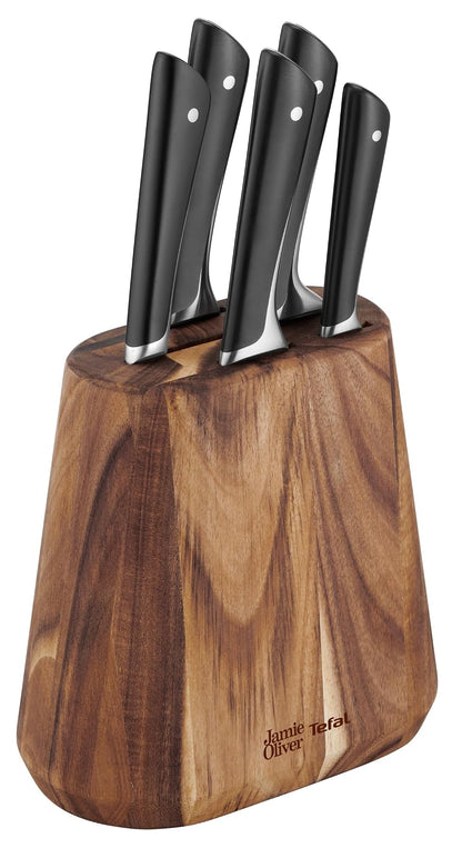 T-fal Juego de Cuchillos de Cocina 5 Piezas + Bloque de Madera de Acacia, Marrón y Negro, para Cocina y Casa | K267S556