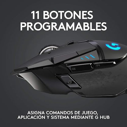 Logitech G502 Lightspeed Mouse Inalámbrico Gamer, Hero 25K, 25,600 dpi, RGB, Peso Reducido, 11 Botones Programables, Batería de Larga Duración, con POWERPLAY, PC, Color Negro