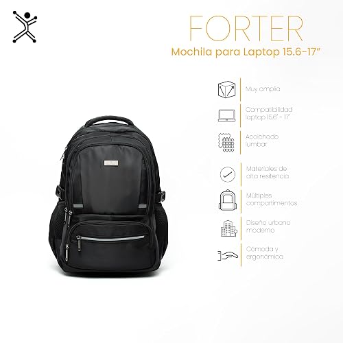 PERFECT CHOICE Mochila para laptop 15.6"-17" múltiples compartimentos Forter (Negro)