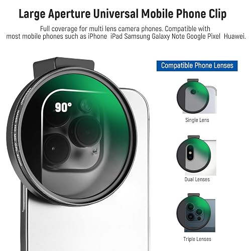 NEEWER CPL Filtro para Móvil, 67mm Lente de Cámara Filtro Polarizador con Clip de Móvil Zapata Fría Compatible con iPhone 16 15 14 Pro MAX 13 Pro MAX 13 Mini 12 11 X XS MAX Samsung Galaxy, FL-27