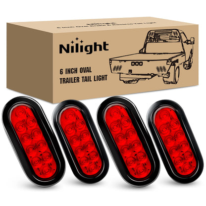 Nilight - Luz trasera ovalada de 6inch, 6 unidades, rojo, ámbar blanco 10 LED ojales de montaje empotrado, IP67, señales de giro de freno impermeables, luces de marcha atrás 2 años de garantía, TL-28 - Rojo -