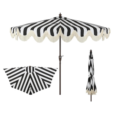 JONATHAN Y UMB1201A Beverly - Paraguas de patio clásico con flecos festoneados de 9 pies con manivela, botón de inclinación y protección UV en color negro y blanco