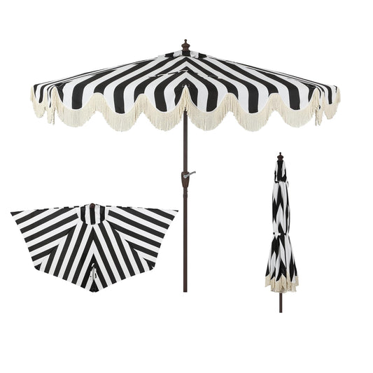 JONATHAN Y UMB1201A Beverly - Paraguas de patio clásico con flecos festoneados de 9 pies con manivela, botón de inclinación y protección UV en color negro y blanco