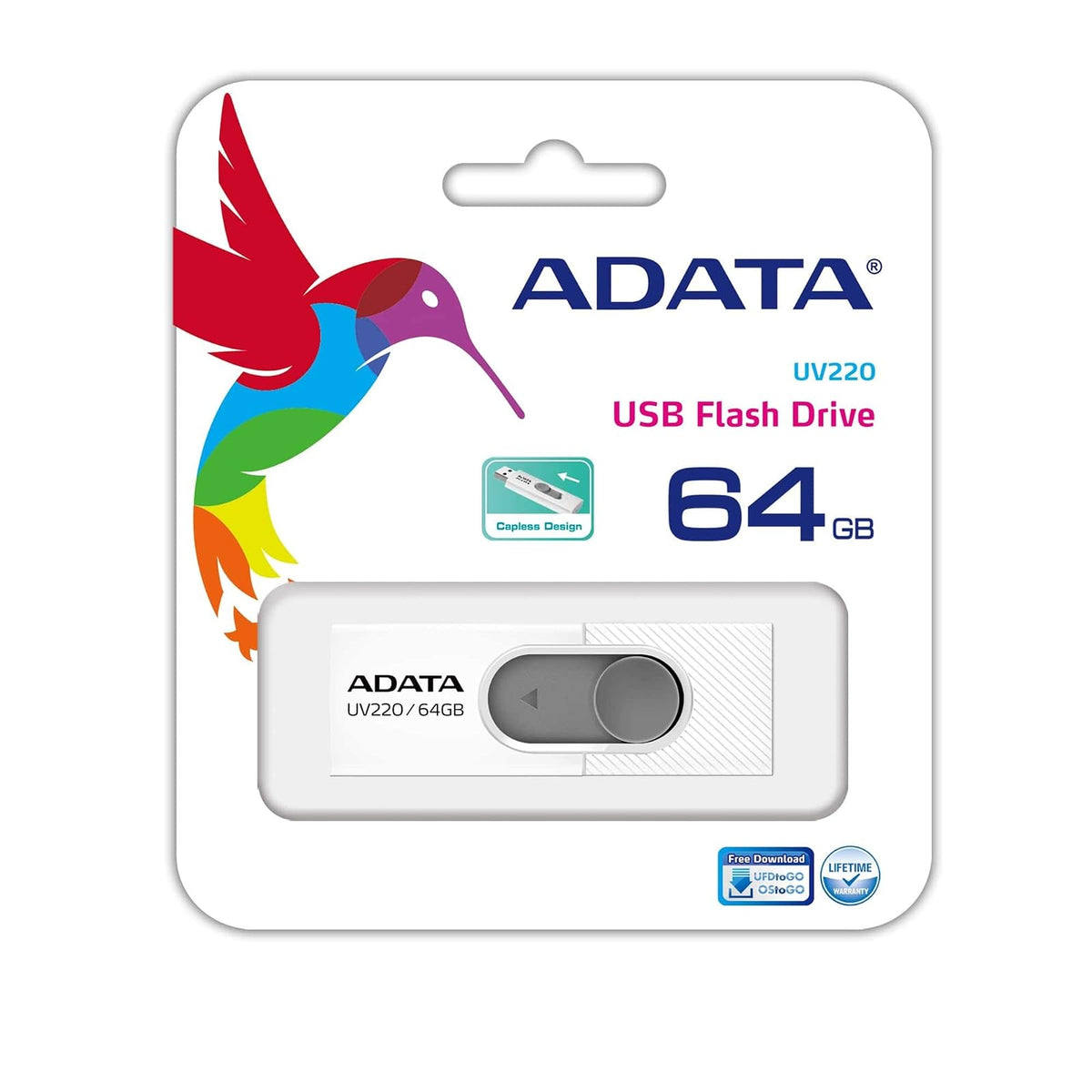ADATA 64 GB Memoria Flash USB 2.0 Deslizable Color Blanco con Gris (Modelo UV220)