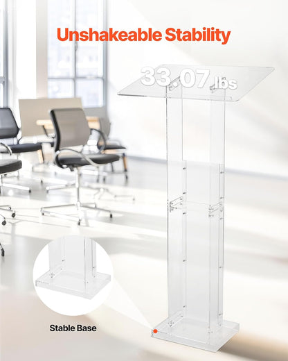 VEVOR Soporte de Podio de Acrílico Altura de 126,5 cm Atril de Pie Portátil con Superficie de Lectura 60 x 40 cm, Estante de Almacenamiento para Aulas, Bodas, Conferencias, Discursos, Conciertos