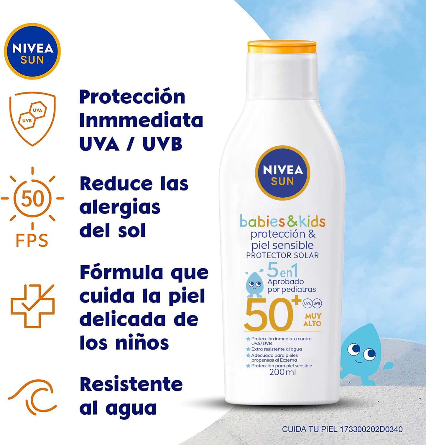 NIVEA SUN KIDS Protector Solar Corporal Protect & Sensitive (200 ml), Loción Solar en Spray No Grasosa ni Pegajosa Ideal para la Piel Sensible de los Niños Fps 50+ Resistente al Agua