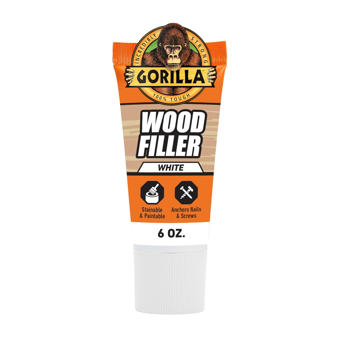 Gorilla - Relleno de madera multiusos, relleno de madera blanca, tubo de 6 onzas (paquete de 1) - Resistente al agua para proyectos y reparaciones en interiores o exteriores