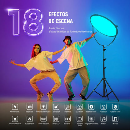 NEEWER 18" RGB LED Redondo Panel Luz Vídeo con Control App, 65W 6000Lux/0.5m 2500K-8500K RGBCW Iluminación Estudio Fotografía /18 Escenas/V Batería Alimentada para Exterior Grabación Streaming, GR18C