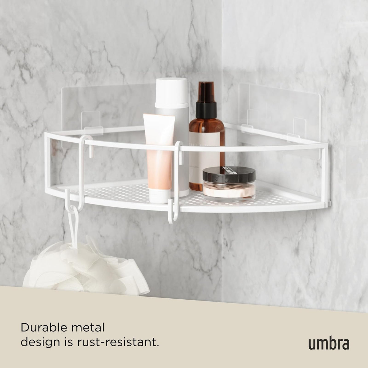 Estante de esquina para ducha Umbra Cubiko, estantes flotantes de metal con tiras adhesivas de montaje, paquete de 2, blanco