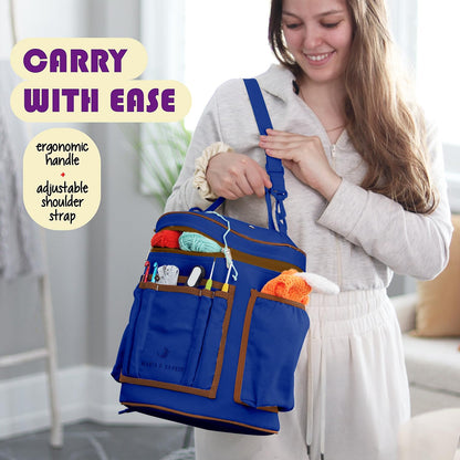 Hearth & Harbor Organizador Bolsa Ganchillo | Bag 11x16 pulgadas, capacidad 24 madejas, 13 bolsillos, puerto USB, tela duradera