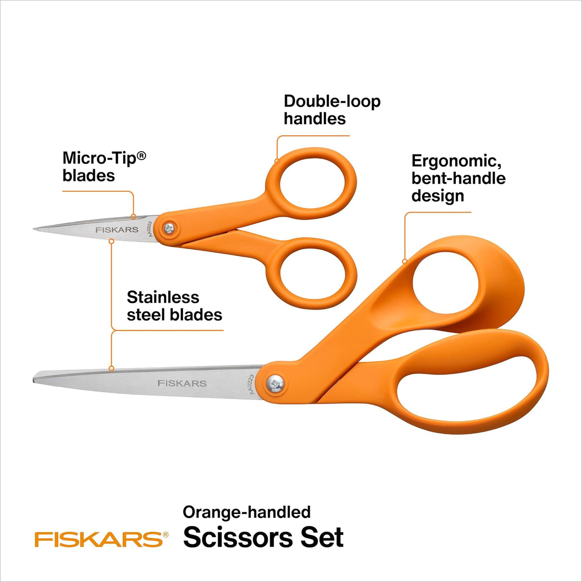 Fiskars - Juego de 2 tijeras originales con mango naranja, micro punta de 5 pulgadas y tijeras de acero inoxidable de 8 pulgadas, suministros de papel y tela para oficina, artes y manualidades, color