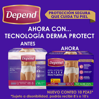 Depend Ropa Interior Nocturno Desechable para Incontinencia, Talla G-XG Unisex, Caja con 6 Paquetes de 10 Piezas (60 Piezas), con Tecnología Derma Protect, Protección segura que cuida tu piel.