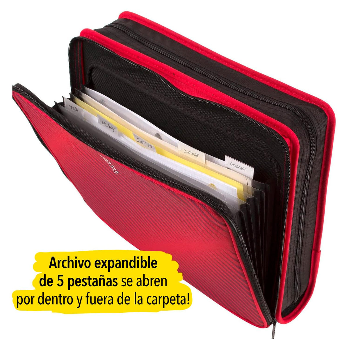 Five Star Carpeta de Tela con Cierre de 2" de 3 Argollas, Archivo Expandible y Organizador, Capacidad 380/880 Hojas. Rojo-Negro. 72538