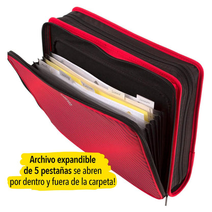 Five Star Carpeta de Tela con Cierre de 2" de 3 Argollas, Archivo Expandible y Organizador, Capacidad 380/880 Hojas. Rojo-Negro. 72538