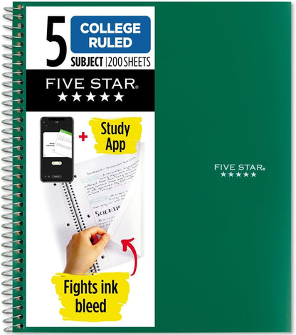Five Star cuaderno de espiral, 5 materias, con renglones, 200 hojas de papel, 27.9 cm x 21.59 cm, Verde, 1 paquete