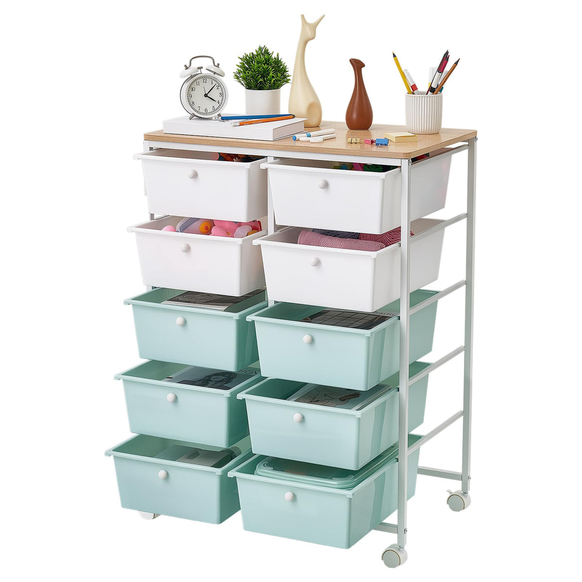 VEVOR Carrito Organizador de Metal con 10 Cajones de Doble Fila, Carrito | de Almacenamiento con Ruedas Giratorias de 360° y 2 Frenos, Destornillador, para Garaje Oficina Dormitorio Baño Manualidades