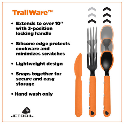 Jetboil TrailWare - Tenedor para mochilero y camping, juego de utensilios de cuchillo y cuchara, ligero, compacto y extensible