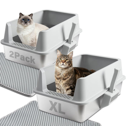 Paquete de 2 Cajas de Arena para Gatos de Acero Inoxidable con Tapas y tapetes: Juego de Caja de Arena de Metal Extragrande, de Alta Cara, fácil de Limpiar, Antiadherente, sin Olor y Resistente al