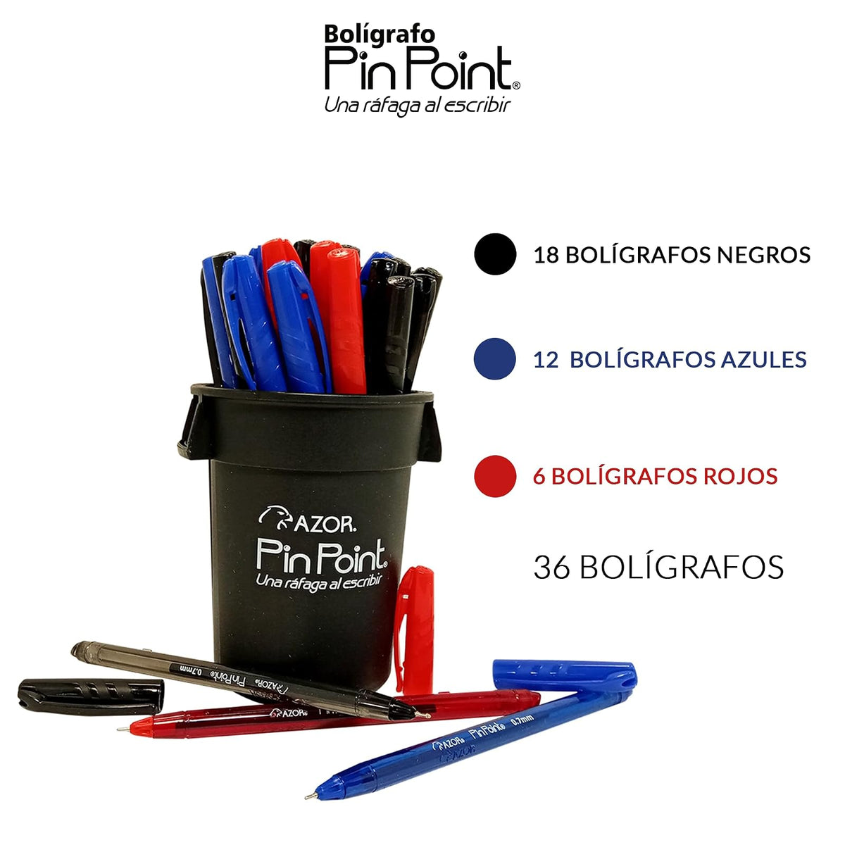 Azor Bolígrafo Punto Fino .7mm 36 Piezas PinPoint Colores Negro(18pz), Azul(12pz) y Rojo(6pz) 301.6810BCS