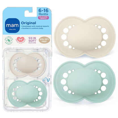 MAM - Chupón mate original (1 estuche para chupón esterilizante), 6 meses más, chupón unisex para bebé, los mejores chupones para bebés lactantes, 6-16 meses (paquete de 2)