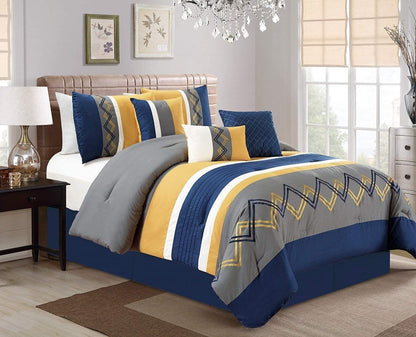 Chezmoi Collection Arden - Juego de edredón Moderno de 7 Piezas con diseño de Rayas Plisadas Bordadas en Zigzag (California King, Azul Marino/Gris/Amarillo/Blanco)